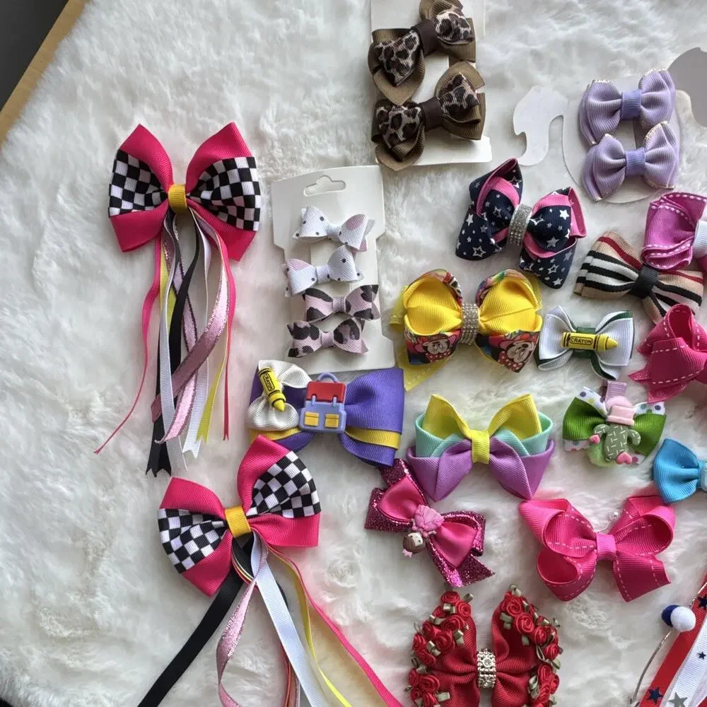 Girls Lot of Minnie Mouse Grosgrain Ribbon Hair Clip Bows Glitter Rhinestone